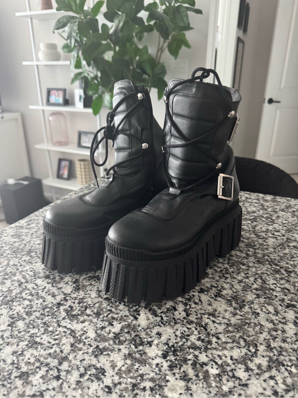 ASOS Black Quilted Lace-Up Platform Boots with Buckle